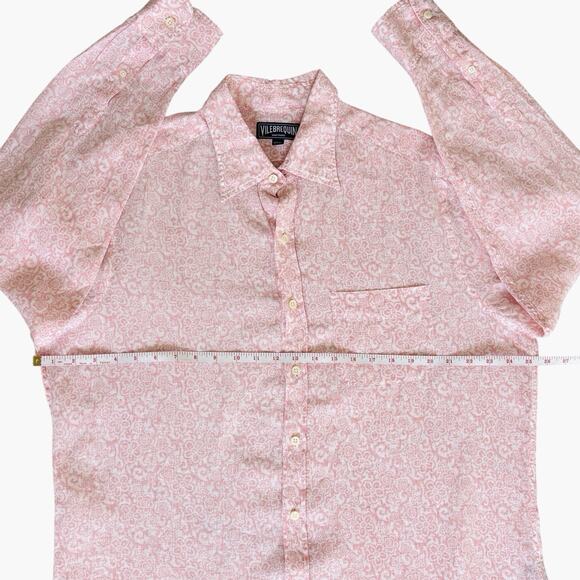 Vilebrequin Sz XXL Pink White Button Up 100% Linen Flax Long Sleeve Shirt Pocket - Picture 4 of 13